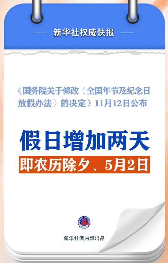 春節(jié)和勞動(dòng)節(jié)各增1天！2025年放假安排來了