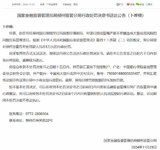 柳州銀行柳南支行授信管理嚴(yán)重不審慎造成大額信用風(fēng)險 時任風(fēng)險部經(jīng)理被罰5萬元