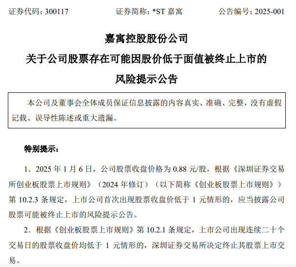 *ST嘉寓提示存在“面值退”風(fēng)險(xiǎn)，收盤價(jià)首次低于1元/股