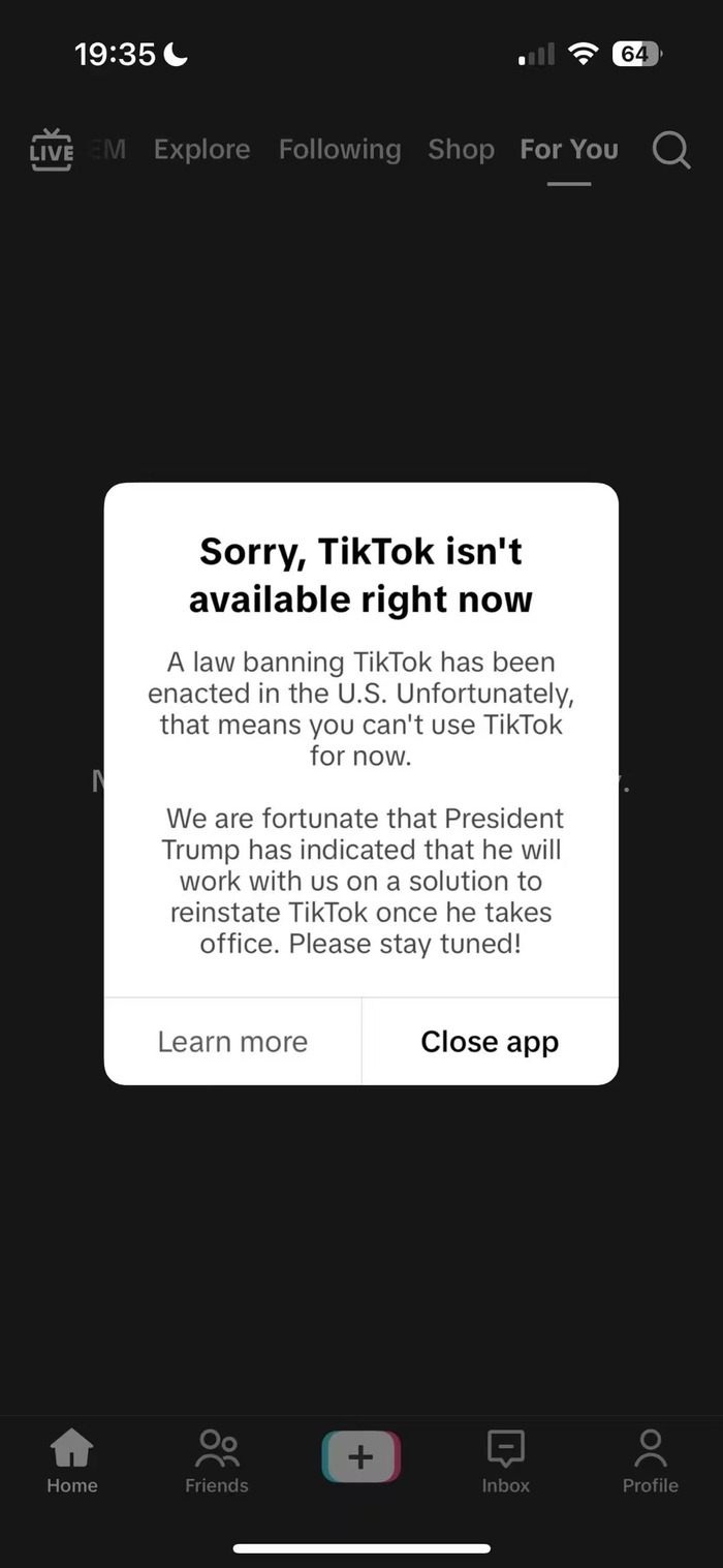 TikTok停止在美服務，稱特朗普表示上任后將共同尋求恢復其使用