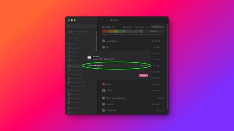 macOS 15.4 Beta 2 隱藏 Apple 智能存儲信息，蘋果稱最多占用 7GB