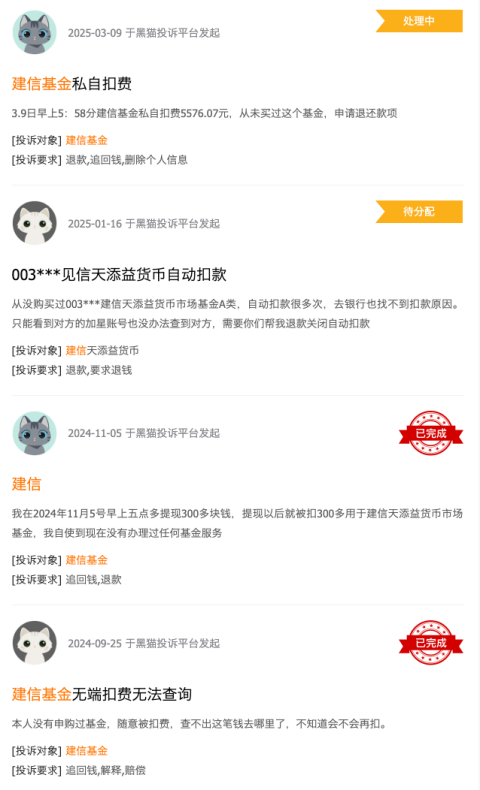 315在行動 | 建信基金收到8起投訴，投訴內(nèi)容主要為無故扣費(fèi)且查不出明細(xì)