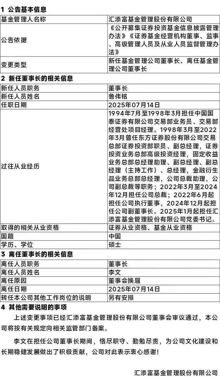 匯添富基金，董事長變更！