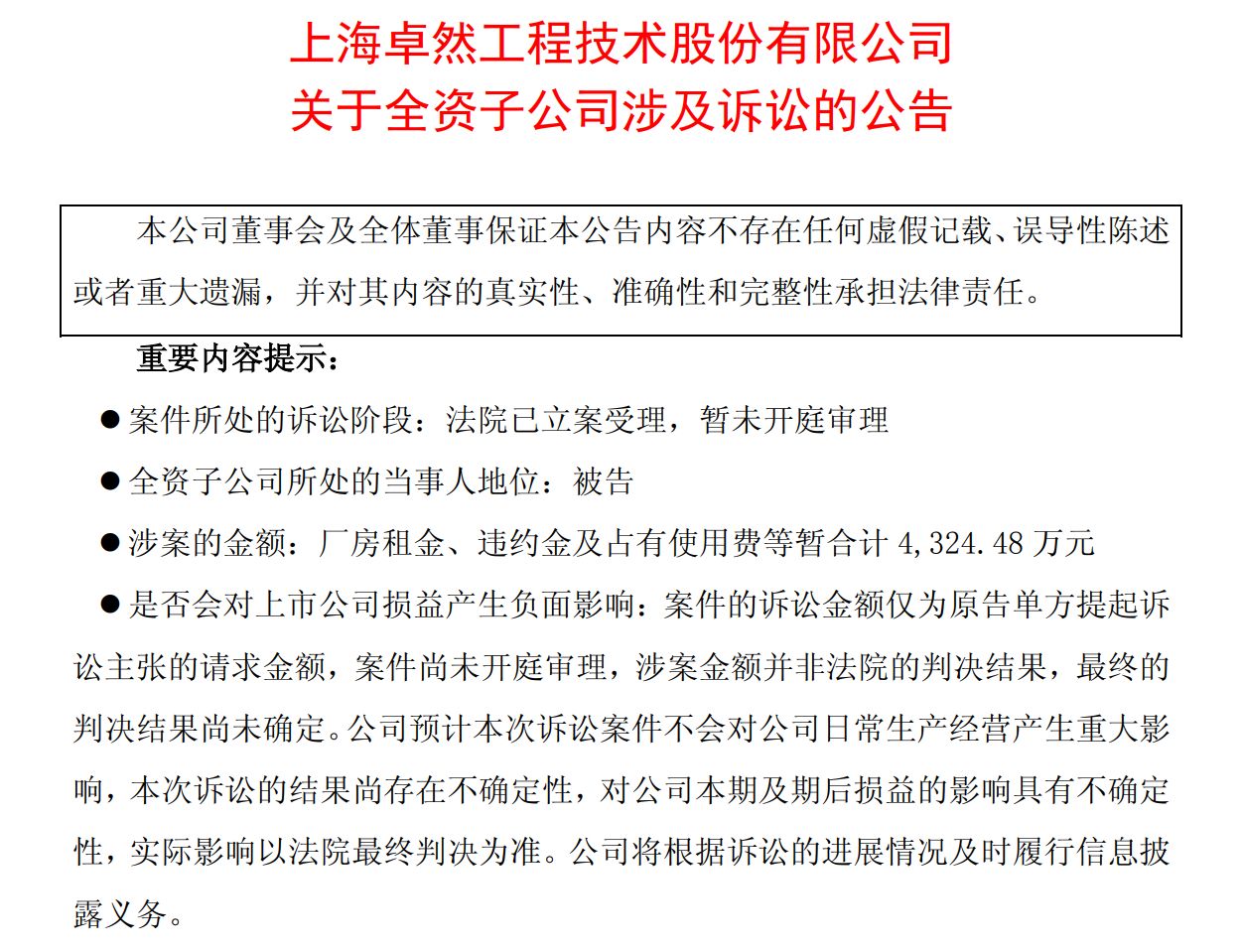 子公司被指拖欠房租遭索賠逾4300萬元 卓然股份：租金結算存分歧 將反訴對方